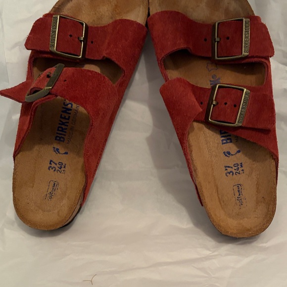 Birkenstock Shoes - Birkenstock Red Suede Arizona Two-Strap Sandals